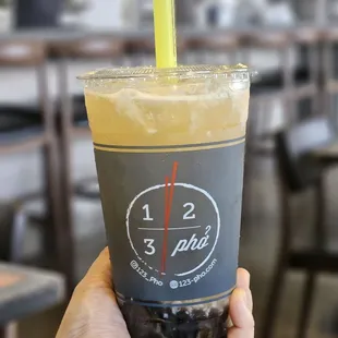 Green tea with Lychee Bits and boba!