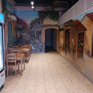 Dining area with murals