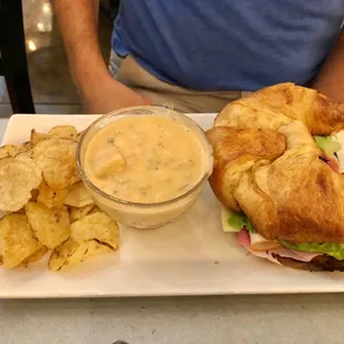 Croissant sandwich and soup