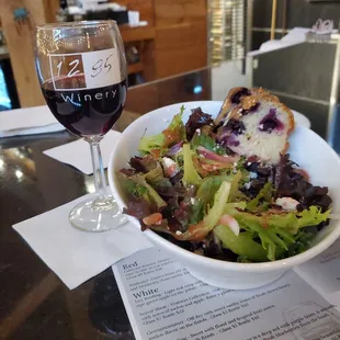 Mixed green salad with Blueberry Bliss wine