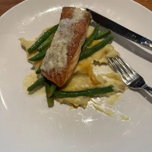 Miso Salmon with garlic mashed potatoes and miso green beans.