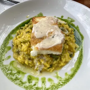 Halibut w risotto and asparagus.