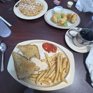 Patty Melt , Belgian Waffle, and Chicken Strips Platter