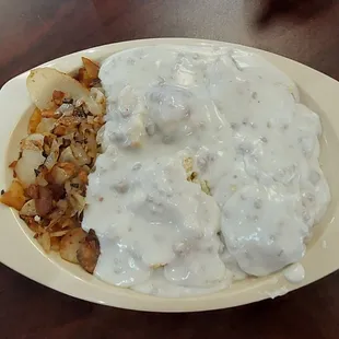 Biscuits and Gravy with Fried Potatoes