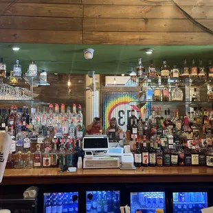 a bar full of liquor bottles