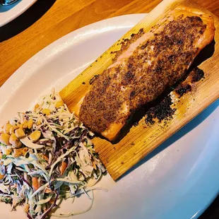 Cedar plank salmon, peanut and ginger slaw