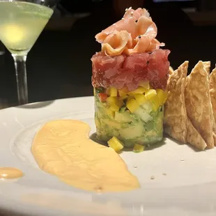 Ahi Tuna Stack appetizer + cucumber gimlet
