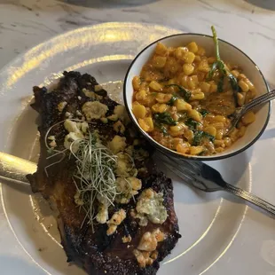 Steak with blue cheese crust. Side of chorizo creamed corn.