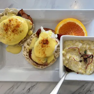 Eggs Benedict and grits.