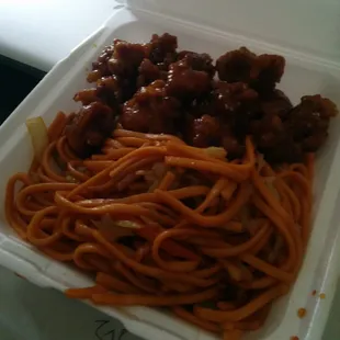 Lo Mein and a scoop of Sesame Chicken.