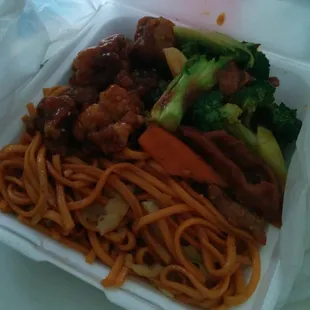 Lo Mein, Beef and Broccoli, and Sesame Chicken.