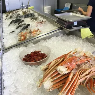 a large display of crab legs