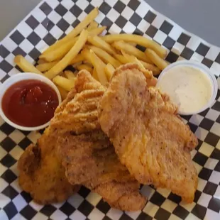 fried chicken, fries and ketchup