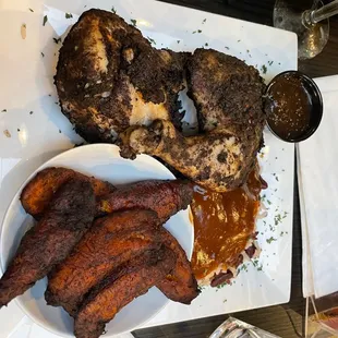 Jerk chicken, Sweet Fried Plantains, rice and peas