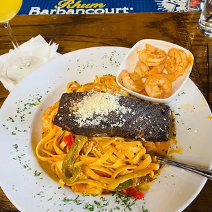 Rasta Pasta with an extra side of shrimp