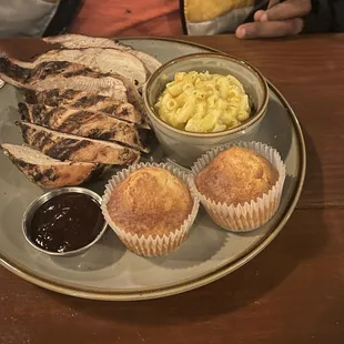 Jerk Chicken white meat with Mac and Cheese and Cornbread
