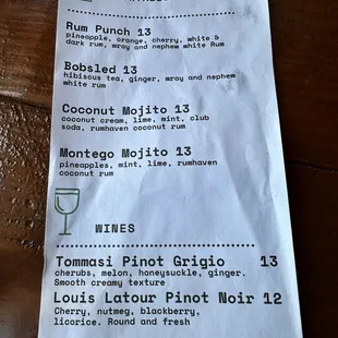 Cocktail menu