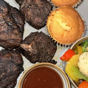 Lamb chops Cornbread Mixed Veggies