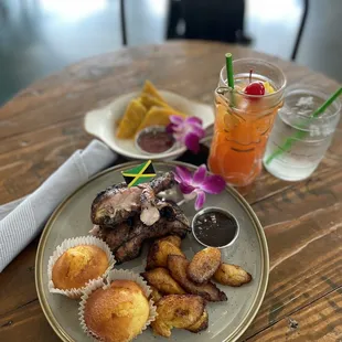 Jerk Chicken, Plantains, Cornbread, Beef Patty