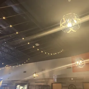 String lights and Edison bulbs.