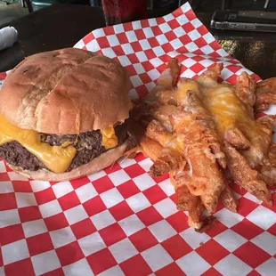 Burger and cheesy fries