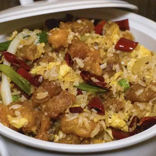 F01 Seafood Fried Rice and G17 Sichuan Crispy Dry Pepper Chicken. Fried rice is bland but palatable. Chicken is chewy but fried nicely.