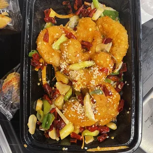 S10 Griddle Cooked Jumbo Shrimp with Sichuan Chili. Tasty and generous ginormous shrimp. SPICYYYYYY.