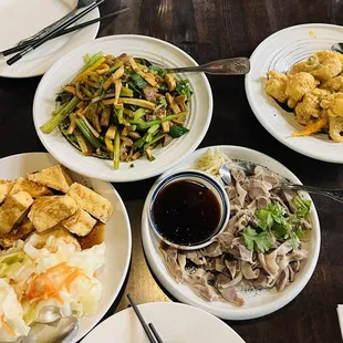 hakka stir fry, butterfly pork,  Taiwanese stinky tofu,  Crispy prawns with salty egg yolk