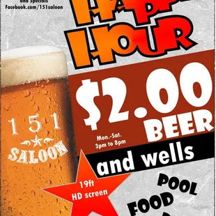 Happy Hour M-Sat 3-8PM with $2 domestics and wells. Cold beer, great friends, and awesome music