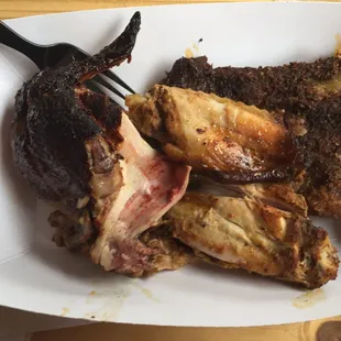 I ordered a sample of the ribs, wings, chicken breast, and there is pulled pork underneath. YUM!