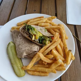 Veggie wrap and fries (lots!)