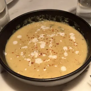 a bowl of soup on a table