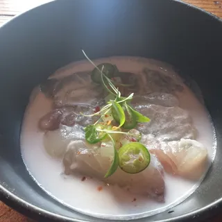 Atlantic halibut "ceviche", compressed cucumber, coconut milk, serrano chilies