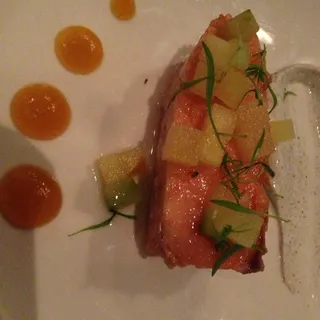 House-smoked salmon, burnt onion creme fraiche, turmeric gel**