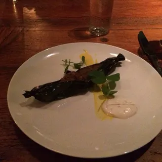 Duck lamprais, black curry, eggplant, Bing cherry achcharu
