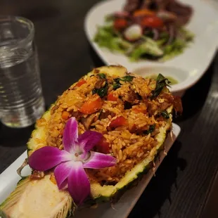 Pineapple fried rice with duck and shrimp.