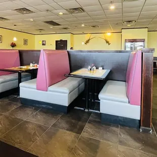 booths, tables, and chairs