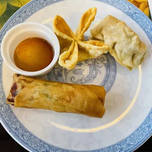Egg roll, Krab Rangoon, Fried Dumpling appetizer (part of $5 family meal upgrade) *not showing hot tea or soup*