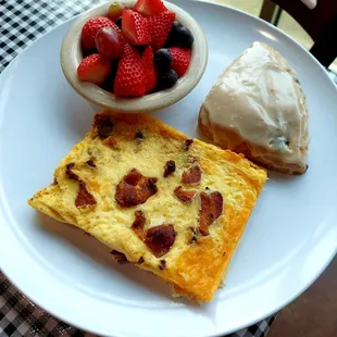 Quiche, scone, and fruit