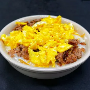 Bowl: grits, eggs, sausage, chedar
