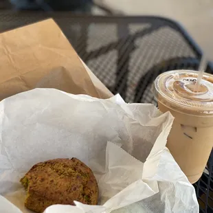Vegan spinach and garlic scone with iced Chai