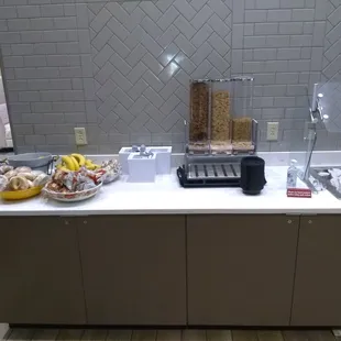 3 cereal options, limited fruit, and some gas-station style pastries wrapped in plastic (muffins, etc.)