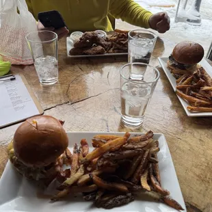 Maple Bacon and Mushroom swiss 1/2 lb burgers, chicken tenders.