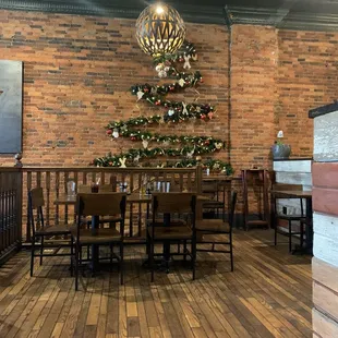 Inside dining area, holiday tree