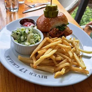 Nashville hot sandwich, fries, slaw
