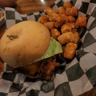 Crispy Chicken Sandwich with tots