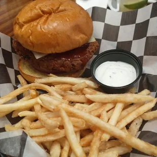 Tahitian Chicken Sandwich (daily special) with fries and ranch dressing