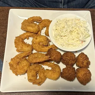 Shrimp platter with hush puppies and coleslaw