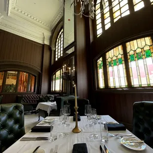 a dining room with a chandelier