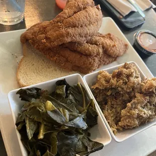 Cat fish, greens and chicken dressing-- yes it&apos;s better than it looks. The picture doesn&apos;t do justice